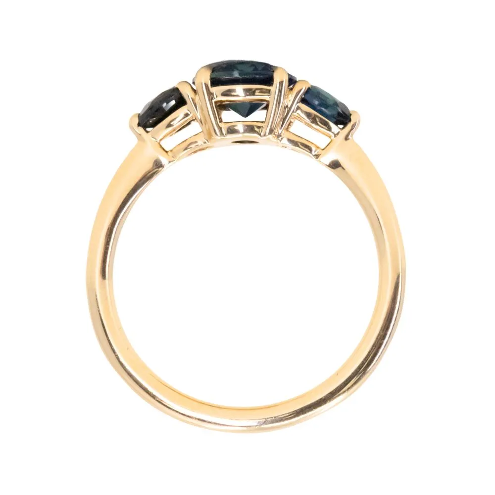 1.03ct Untreated Teal Nigerian Sapphire Three Stone Ring in 18K Yellow Gold