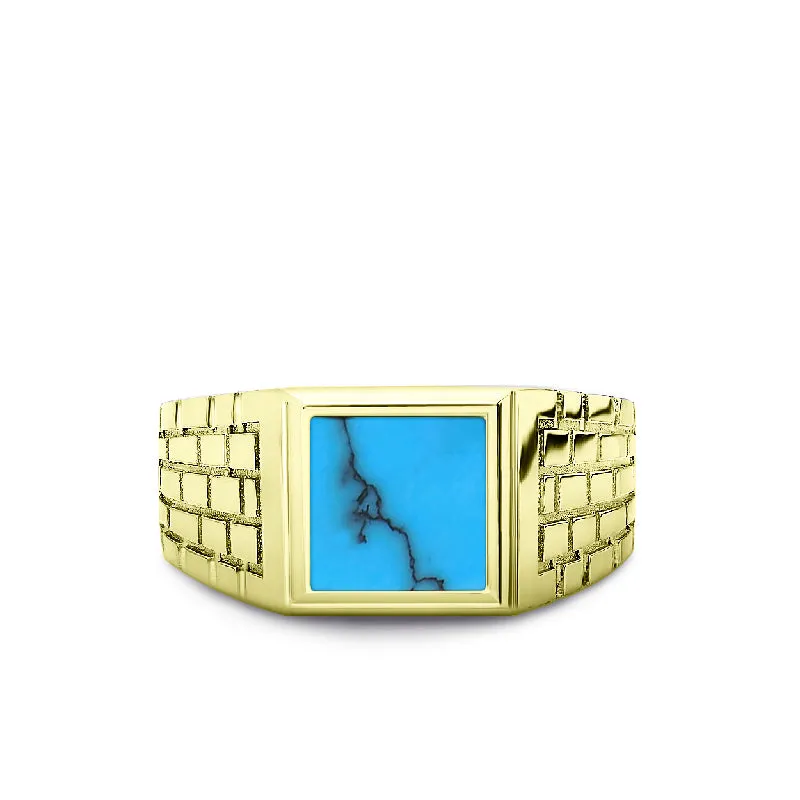 10k Yellow Gold with Blue Natural Turquoise Stone Ring for Men