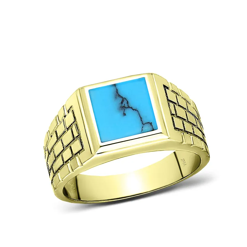 10k Yellow Gold with Blue Natural Turquoise Stone Ring for Men