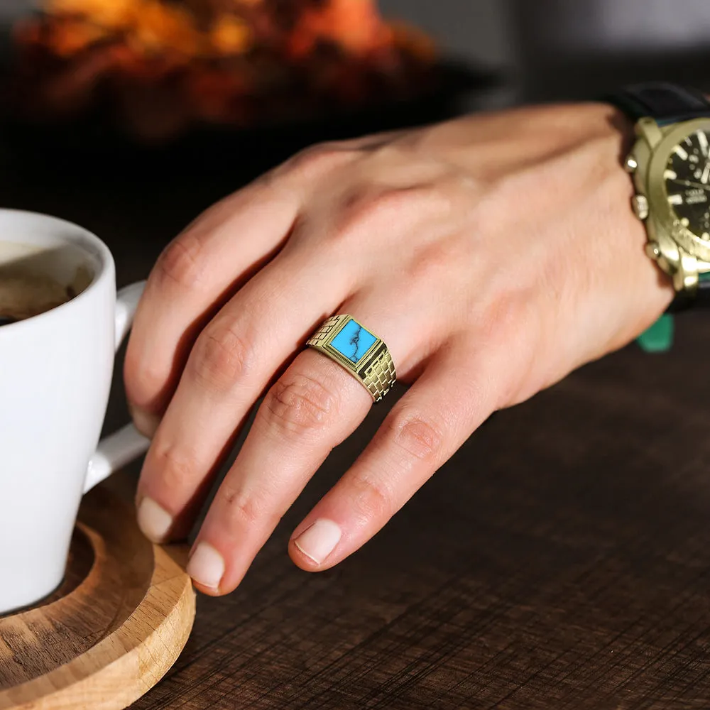 10k Yellow Gold with Blue Natural Turquoise Stone Ring for Men