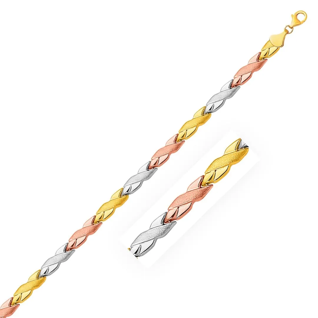 14k Tri-Color Gold Shiny and Textured X Link Bracelet