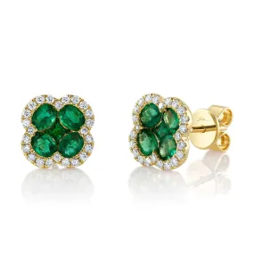 14K Yellow Gold Emerald Diamond Clover Stud Earrings