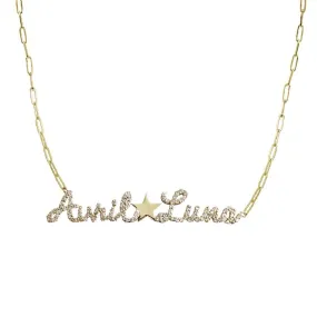 2 Pave Names and Gold Charm Necklace