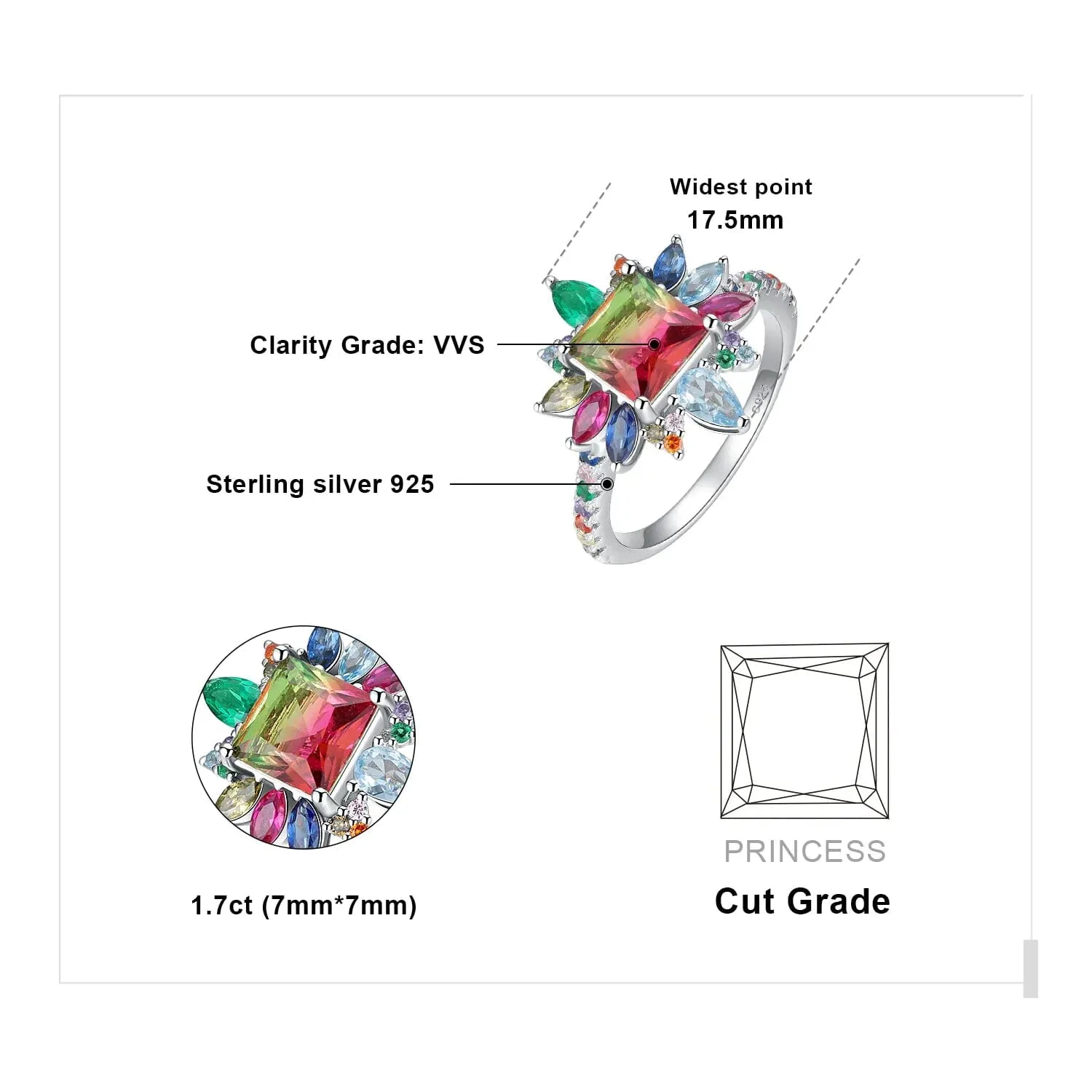 4.6ct Rainbow Tourmaline 925 Sterling Silver Ring