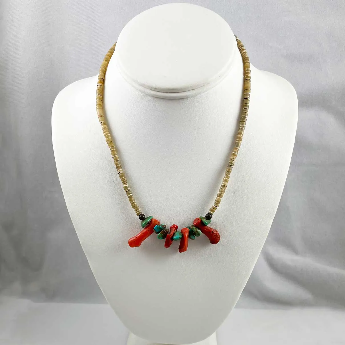 Antique Coral Turquoise & Shell Heishi Necklace