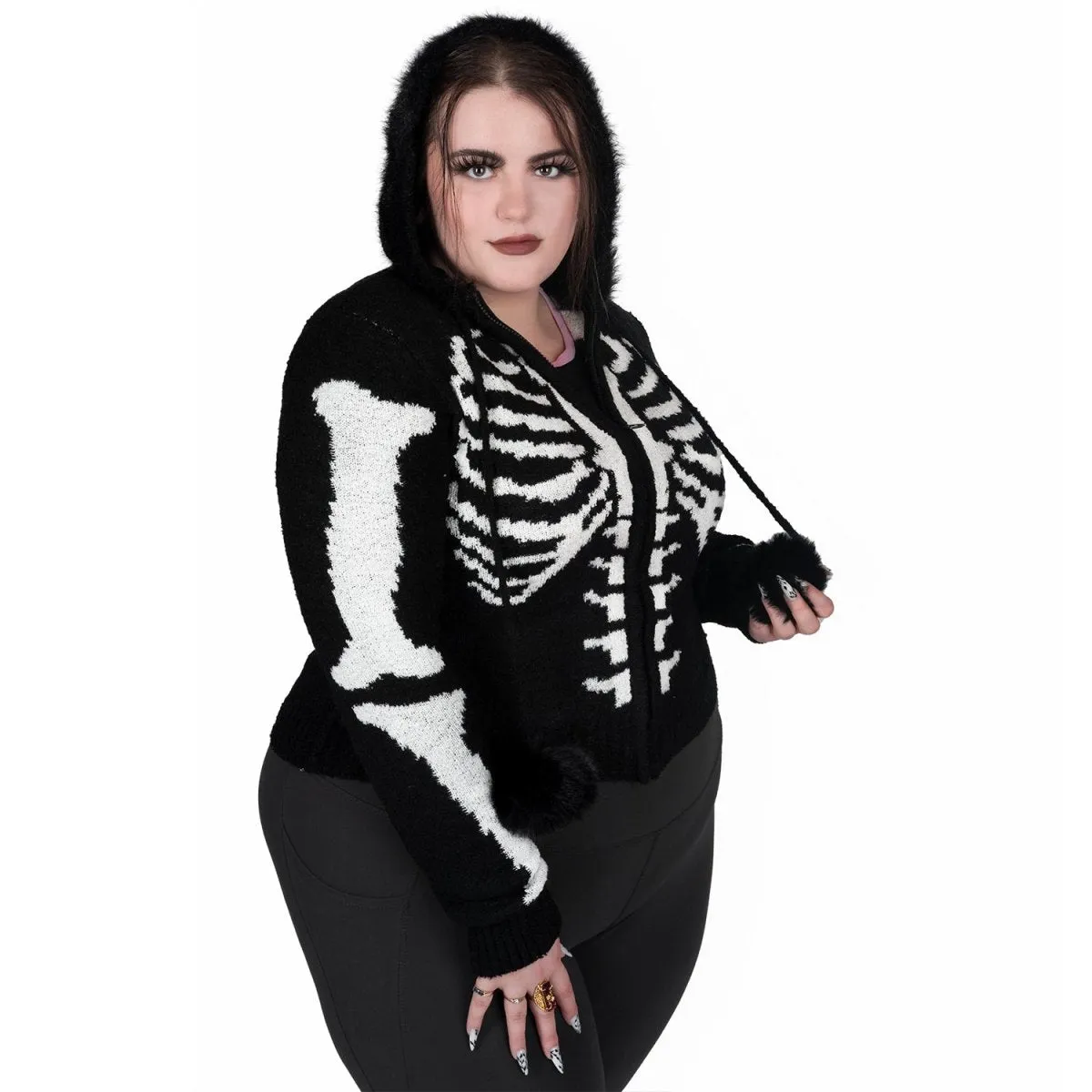 Bony Rib Cage Skeleton Fur Zip Cardigan