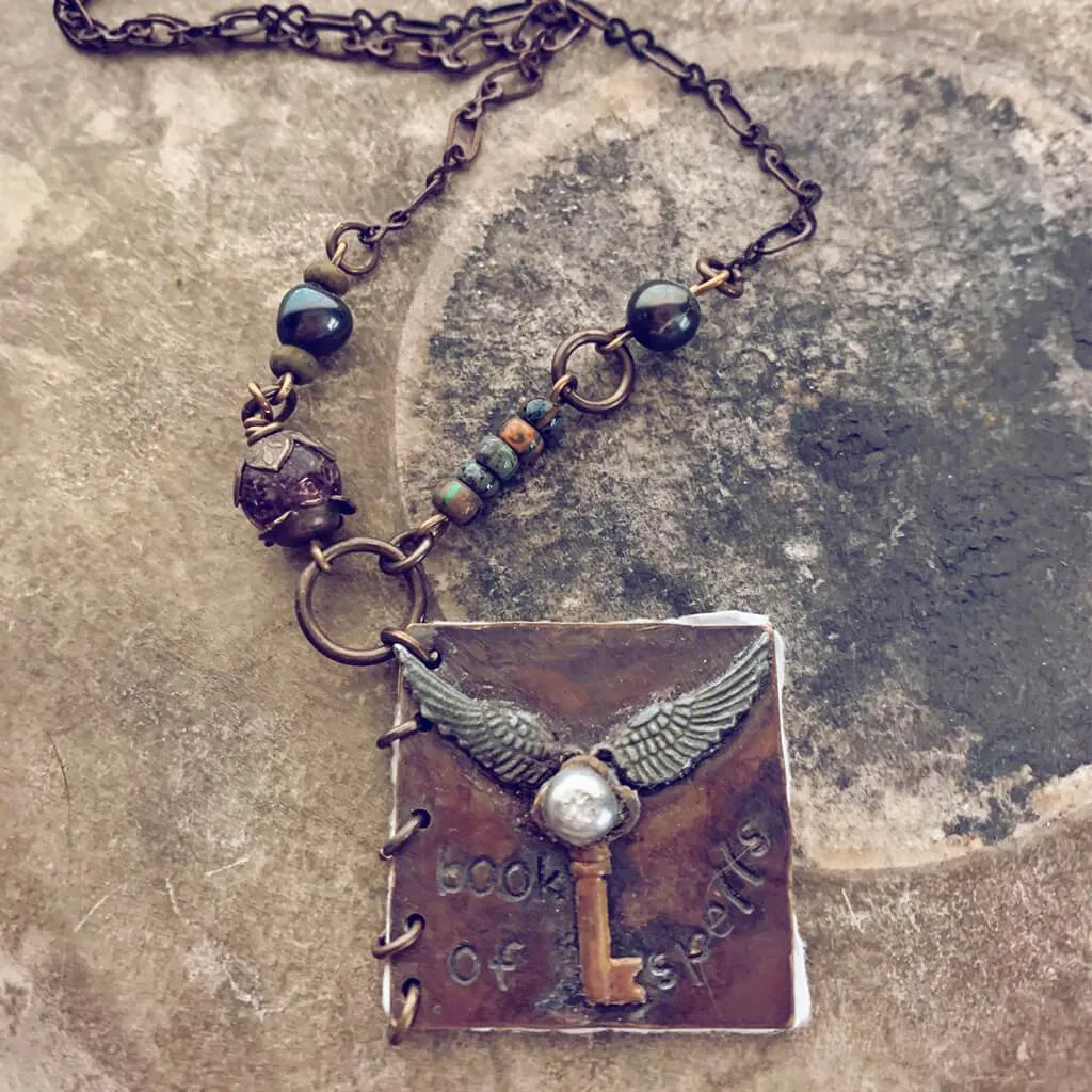 book of spells // mini journal blank book natural brass pendant necklace