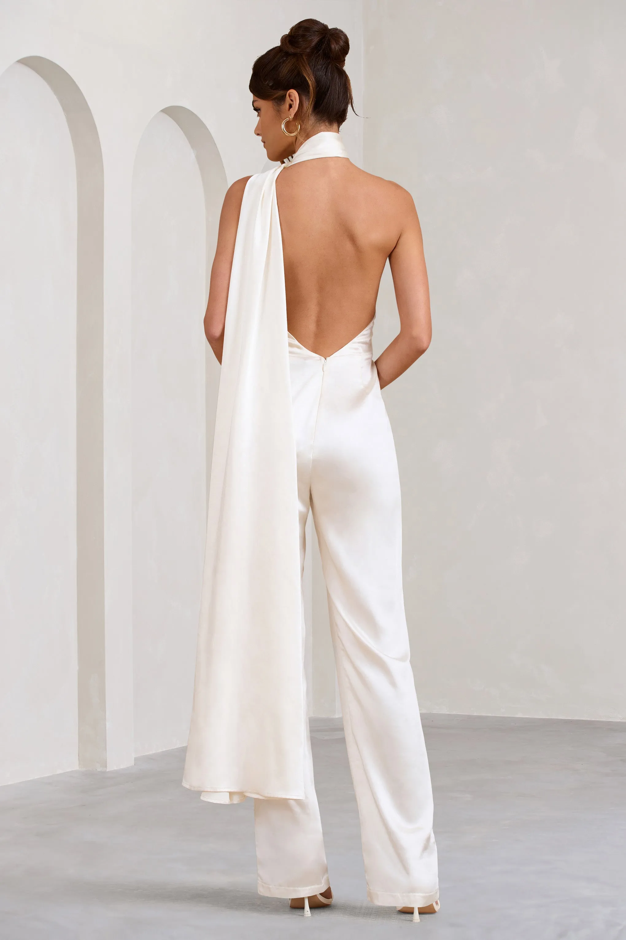 Cascada | Cream Satin Halter Jumpsuit With Draped Scarf