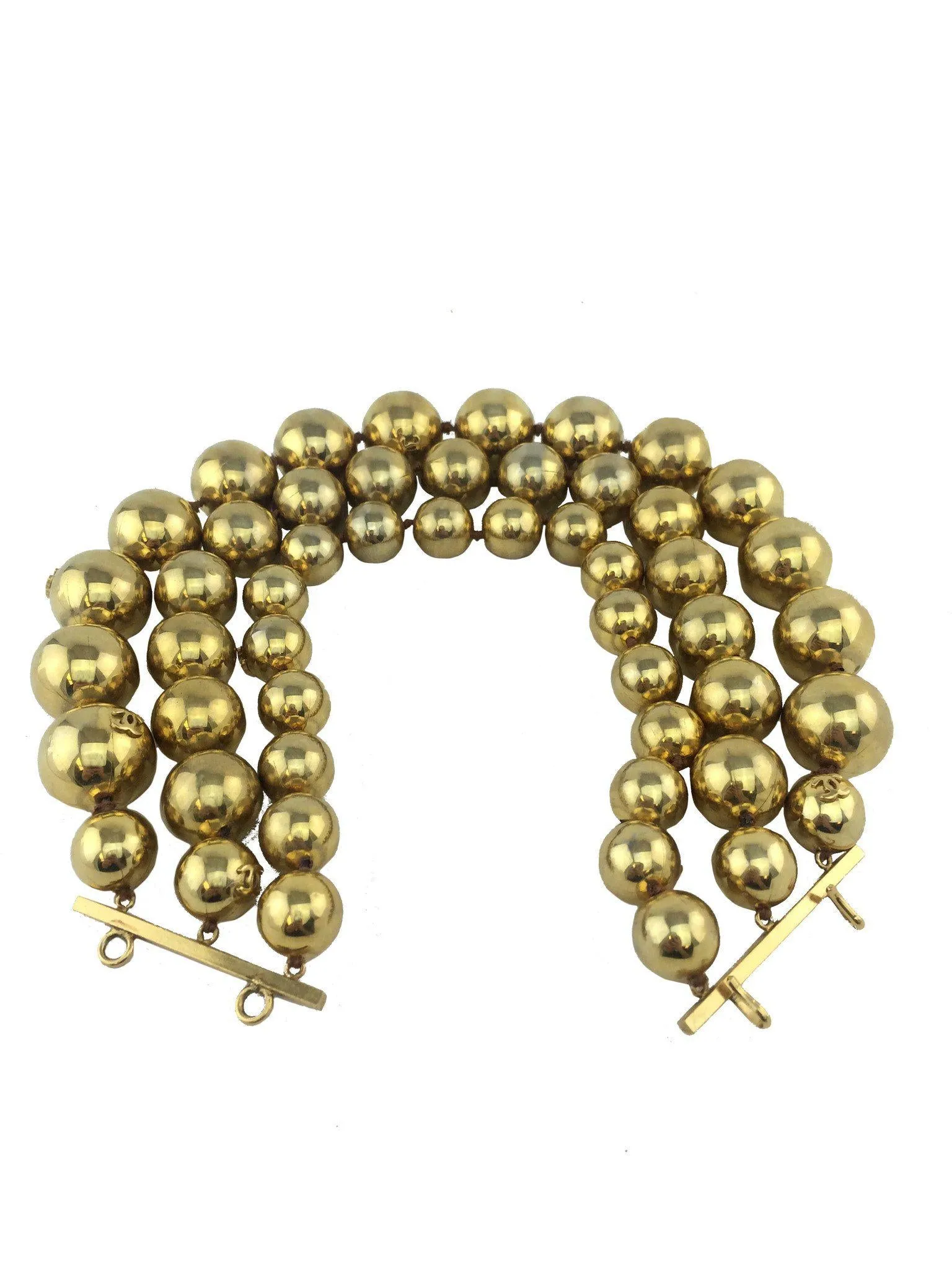 Chanel Gold-Tone Beaded Triple Strand Choker Necklace