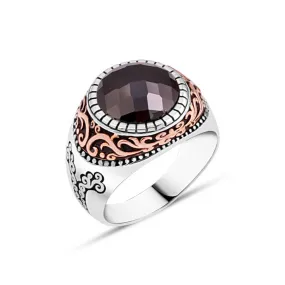 Facet Cut Small Circle Black Zircon Stone Silver Men's Ring with Wavy Top Pattern