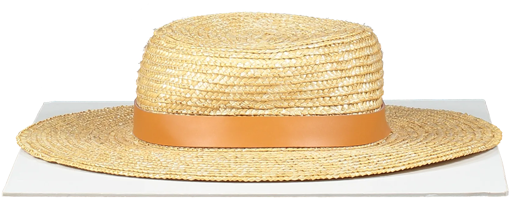 Lack Of Color Beige Straw Boater With Tan Leather Detail 57cm UK M