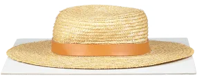 Lack Of Color Beige Straw Boater With Tan Leather Detail 57cm UK M