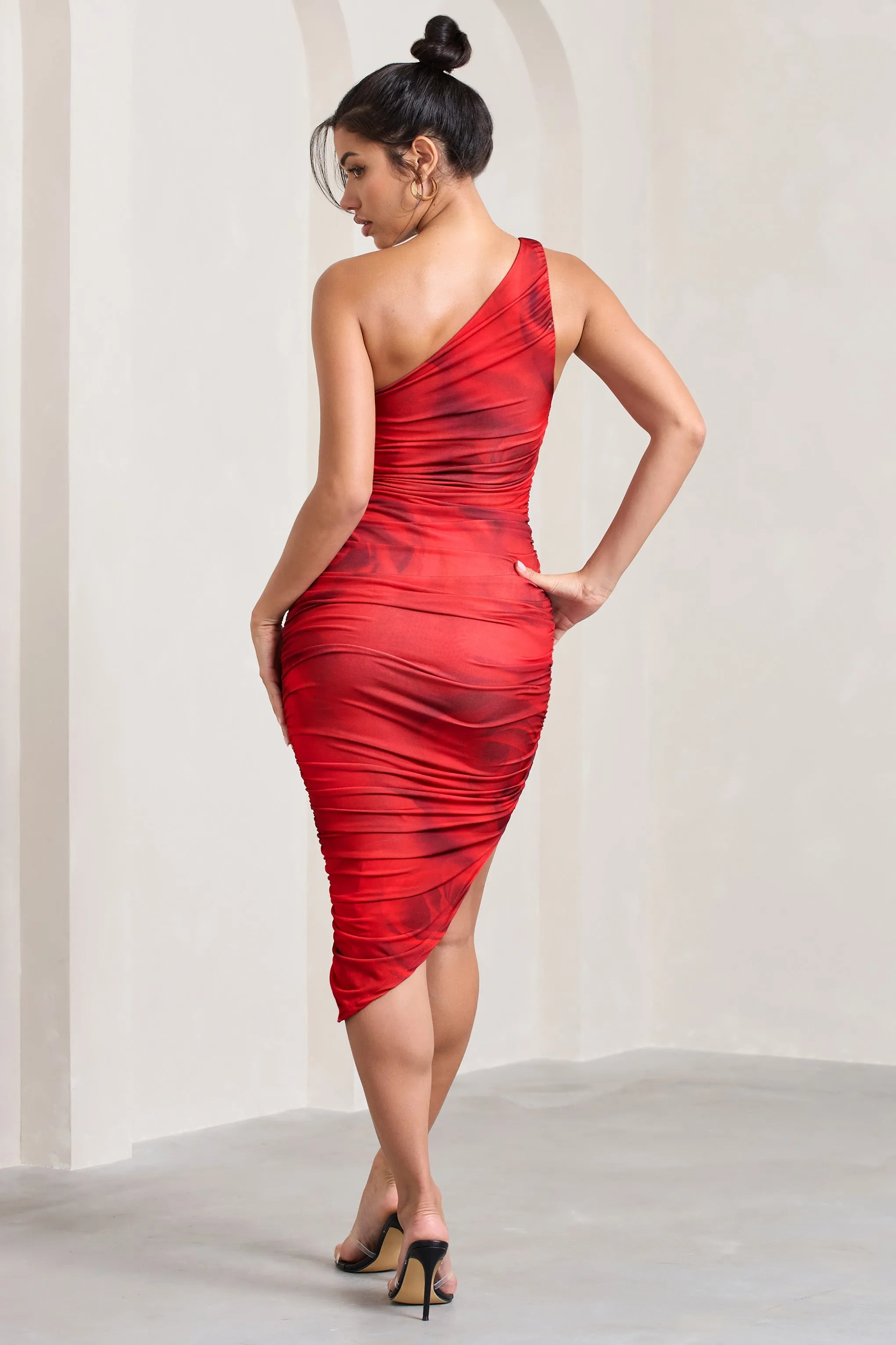 Late Night | Red Rose Print Asymmetric One Shoulder Ruched Midi Dress