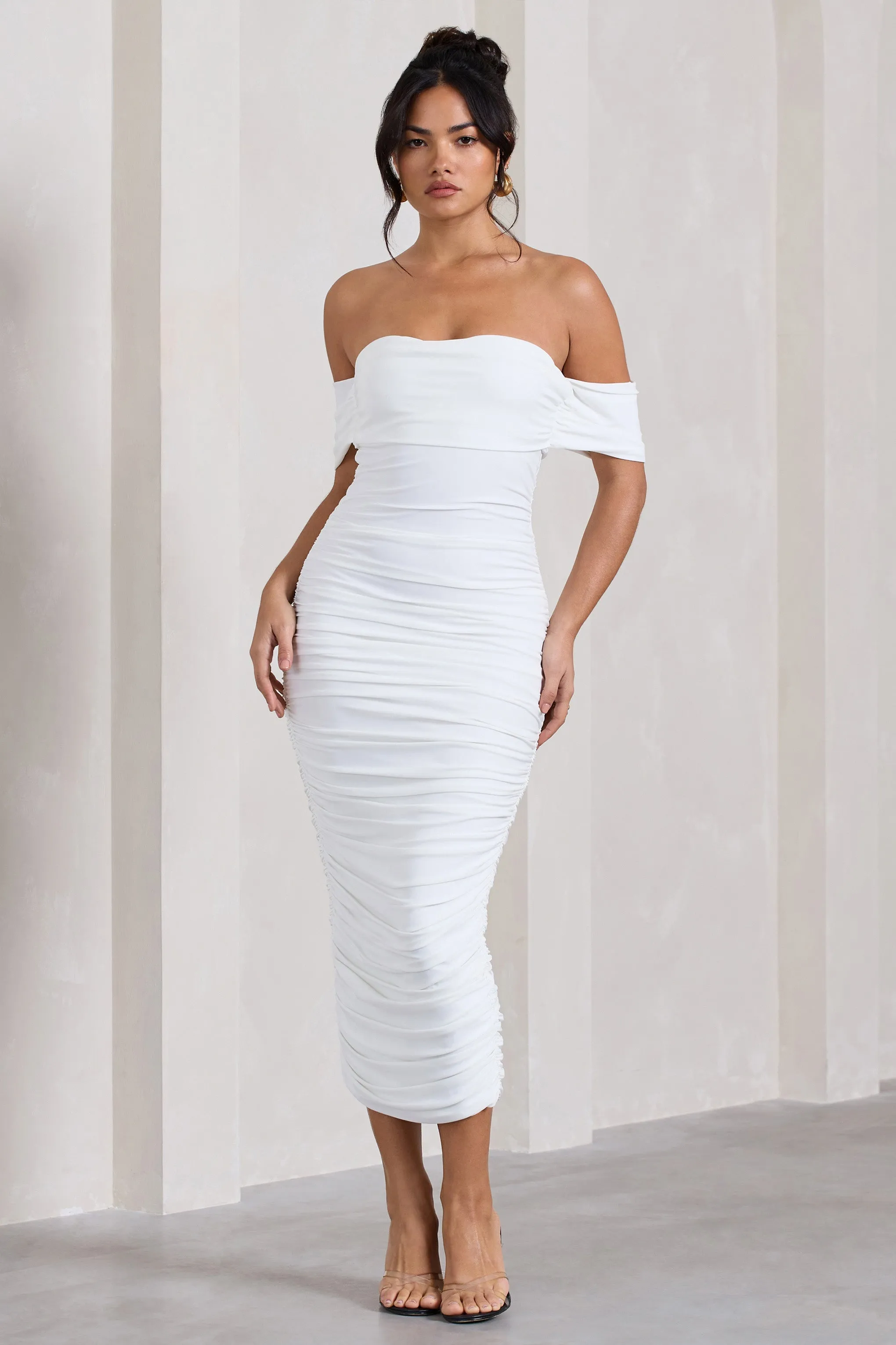 Lost For Words | White Bardot Ruched Draped Midi Dress