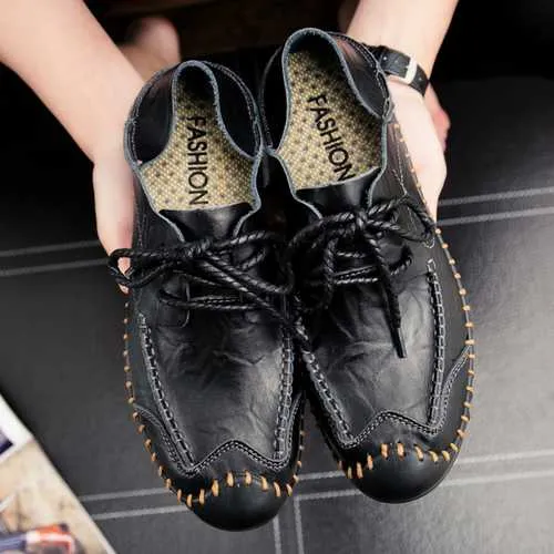 Men Soft Genuine Leather Flat Loafers Lace Up Leather Shoes