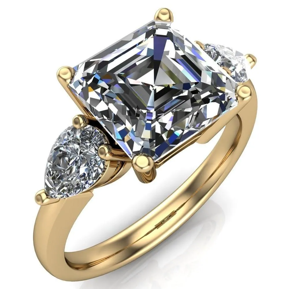 Monteith 7mm or 1.75 Cts DEW Asscher Center Stone Moissanite 4 Prong Pear Side Engagement 14K Yellow Gold Ring