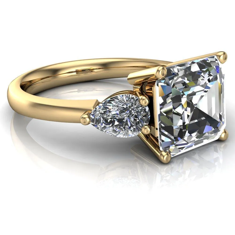 Monteith 7mm or 1.75 Cts DEW Asscher Center Stone Moissanite 4 Prong Pear Side Engagement 14K Yellow Gold Ring