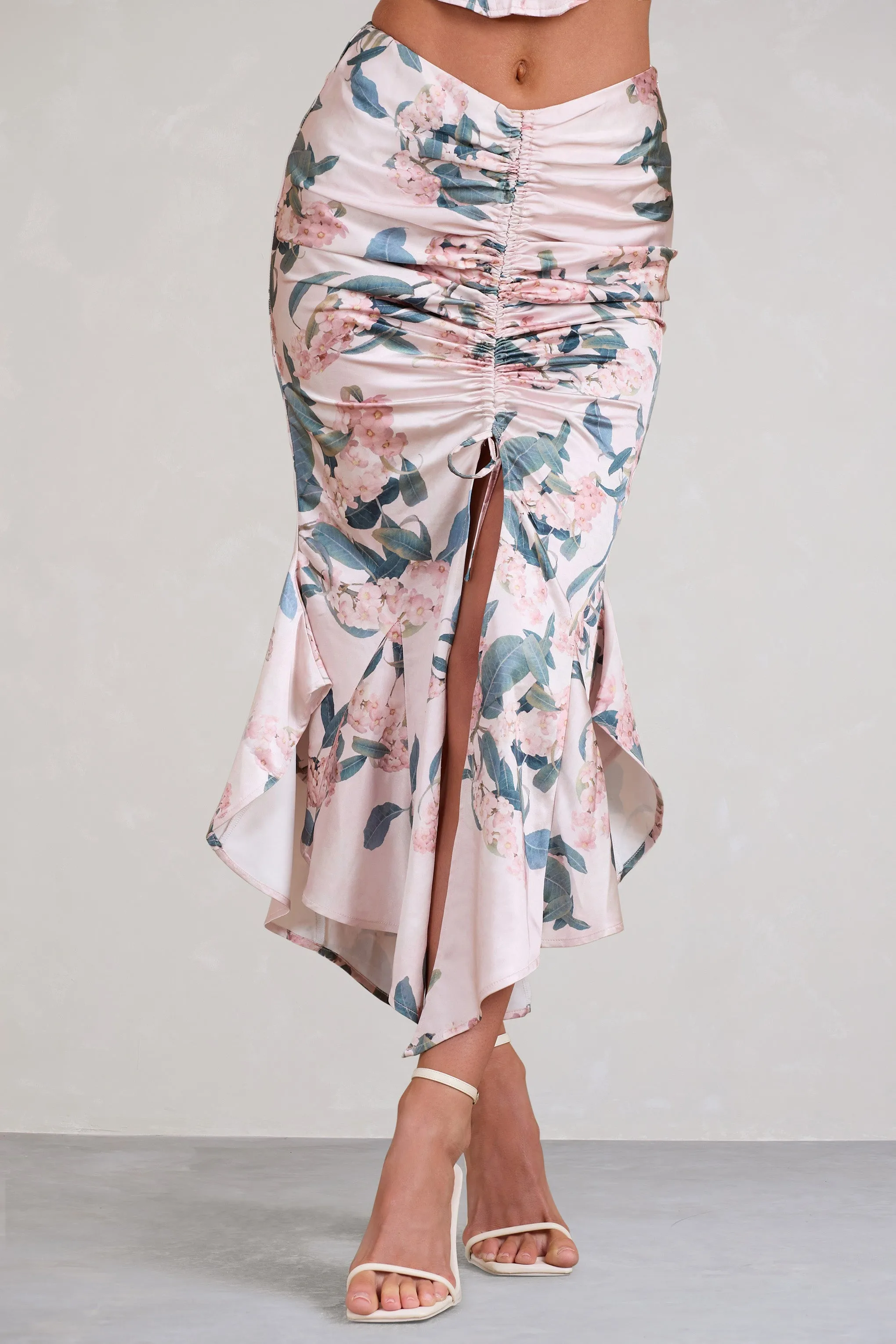 Per Favore | Pink Satin Ruched Split Maxi Skirt