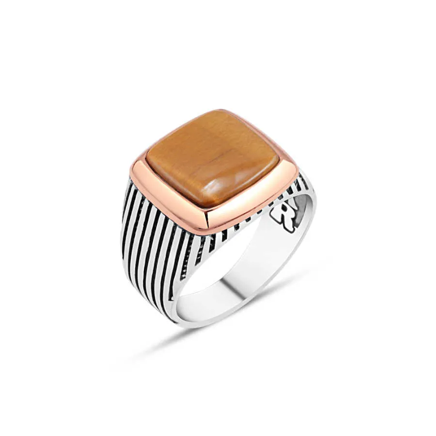 Plain Square Tiger Eye Stone Silver Men's Ring with Stripe Pattern