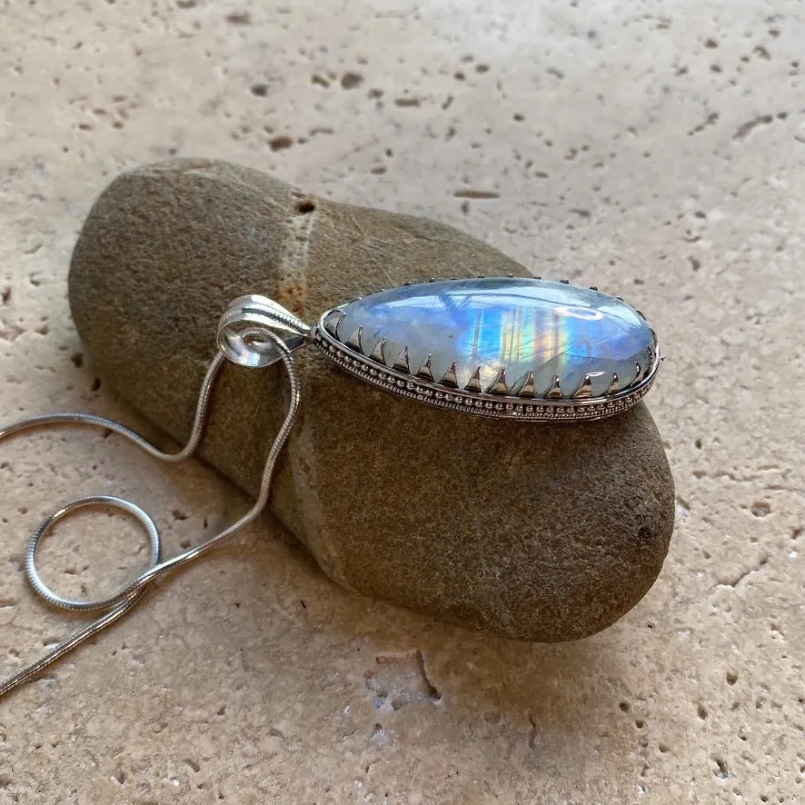 Rainbow Moonstone Long Teardrop Pendant - Anjali