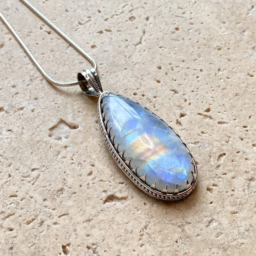 Rainbow Moonstone Long Teardrop Pendant - Anjali