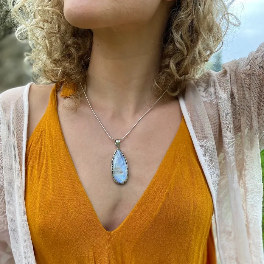 Rainbow Moonstone Long Teardrop Pendant - Anjali