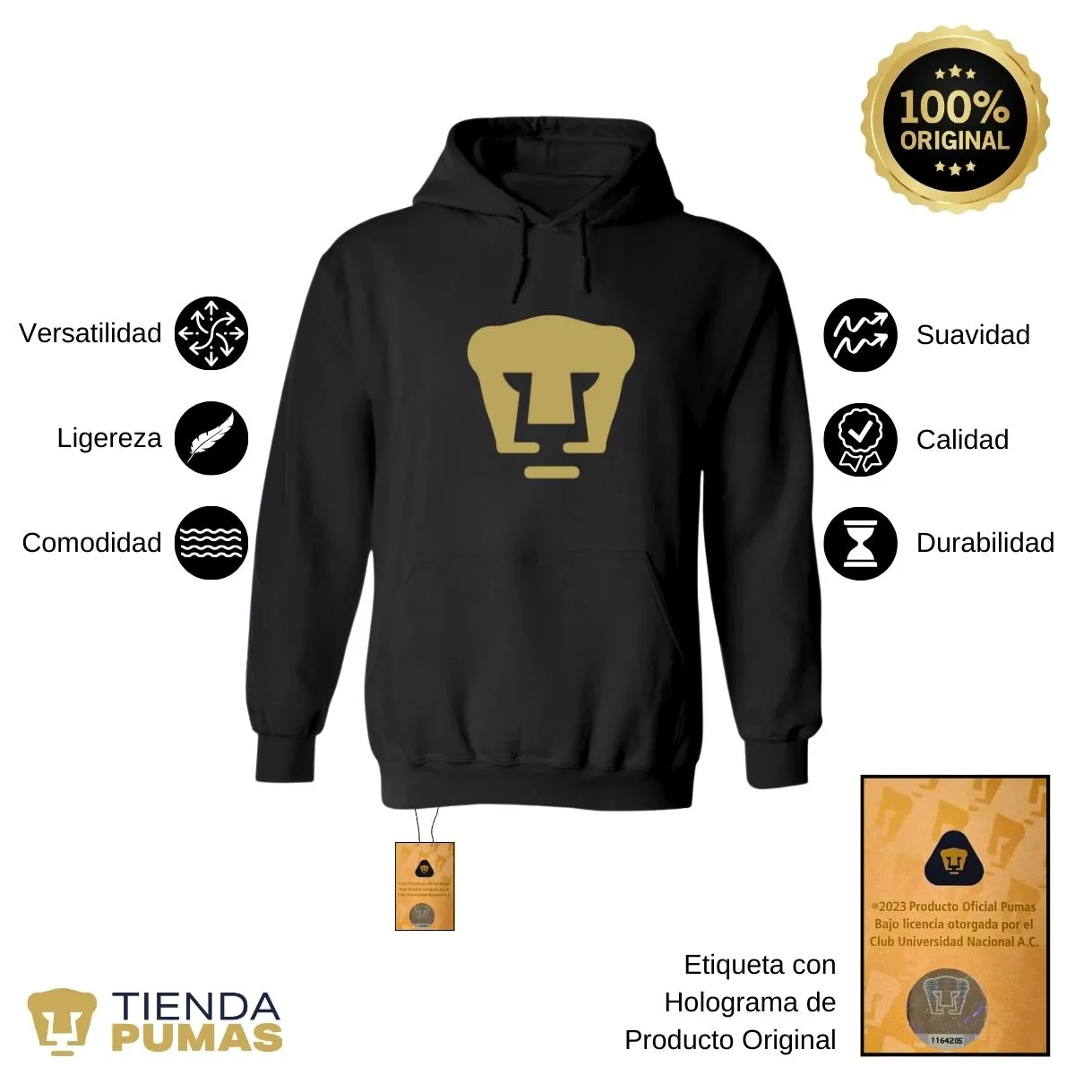 Sudadera Hombre Hoodie Pumas UNAM Logo Dorado Vinil