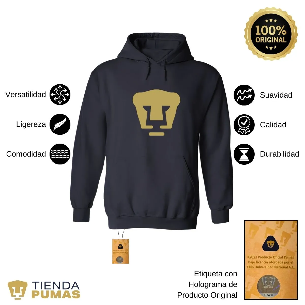 Sudadera Hombre Hoodie Pumas UNAM Logo Dorado Vinil