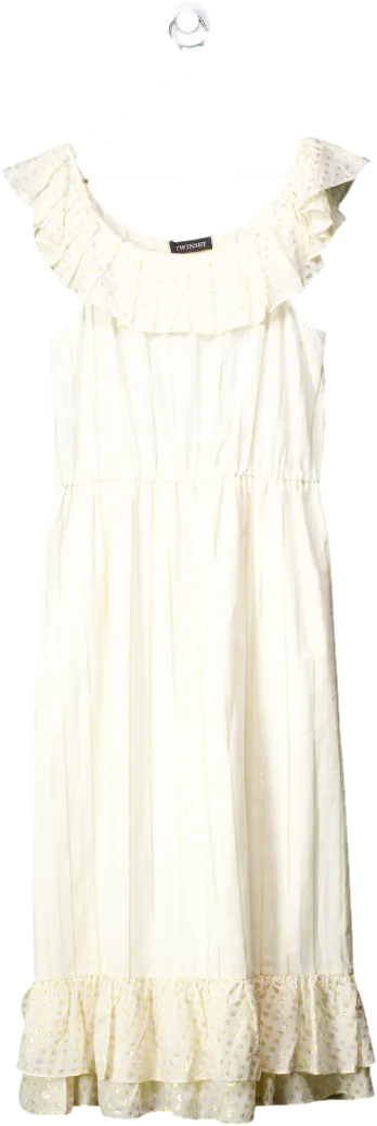 twinset Cream Metallic Thread Frill Hem Dress It44 UK 12