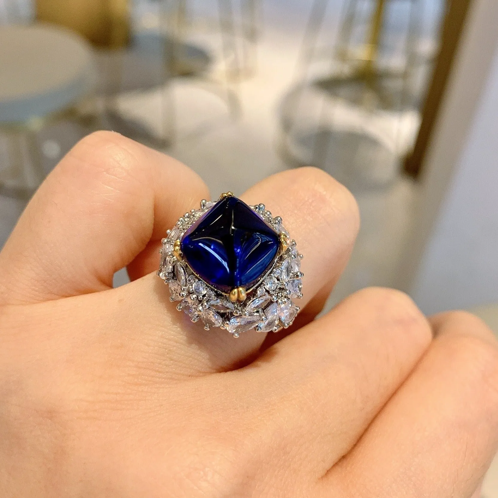 Vintage Luxury Halo Square Cut Blue Gemstone Engagement Ring