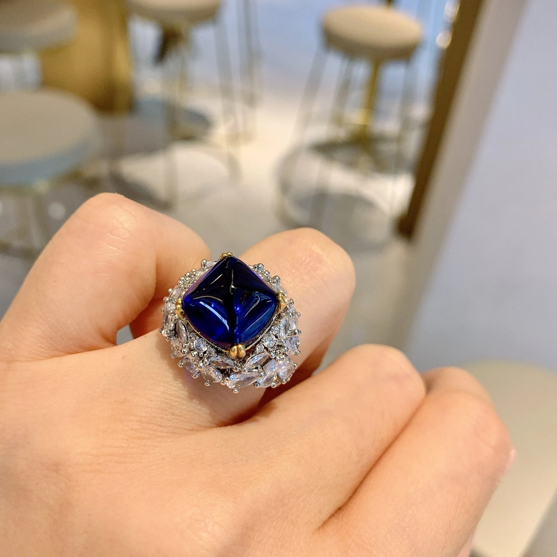 Vintage Luxury Halo Square Cut Blue Gemstone Engagement Ring