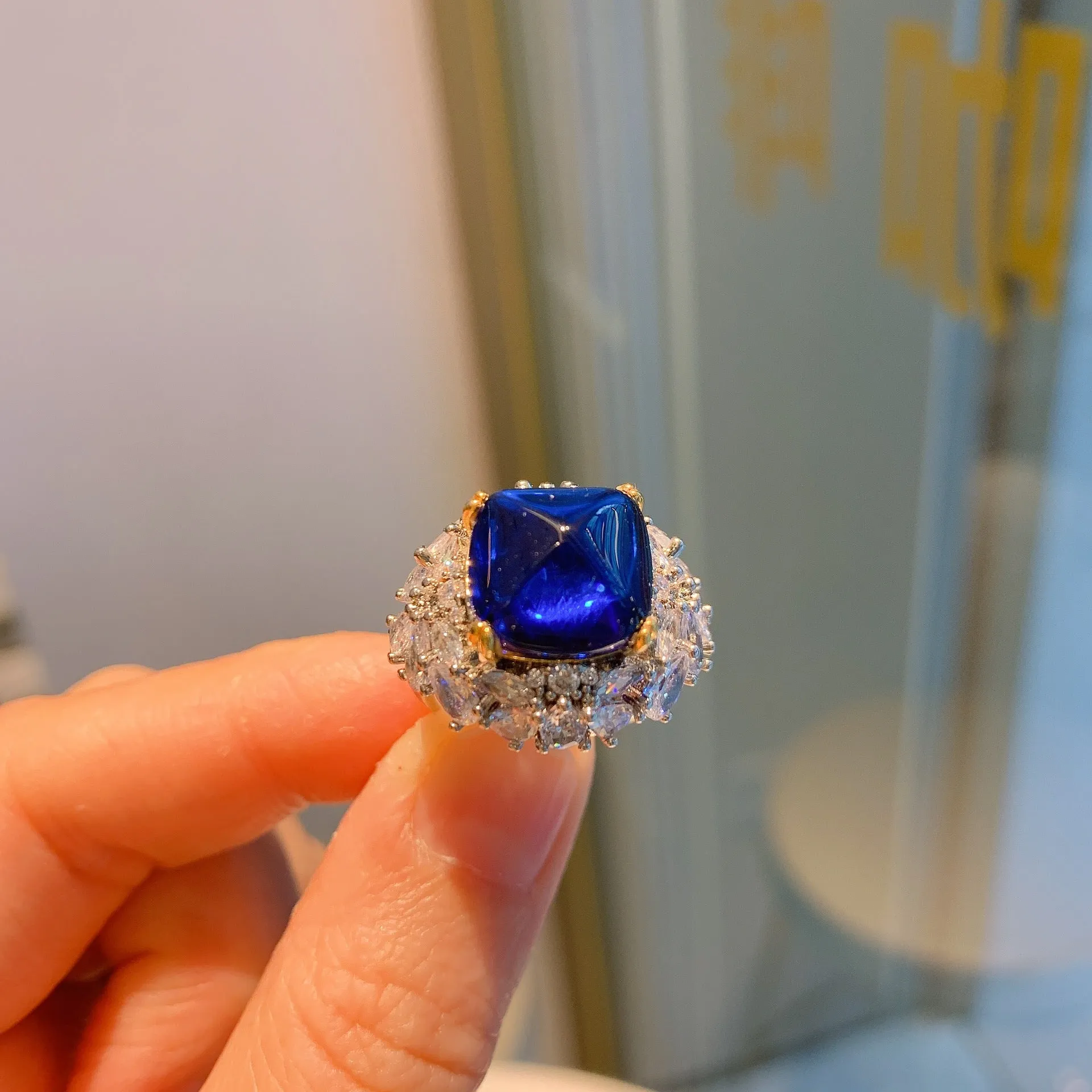 Vintage Luxury Halo Square Cut Blue Gemstone Engagement Ring