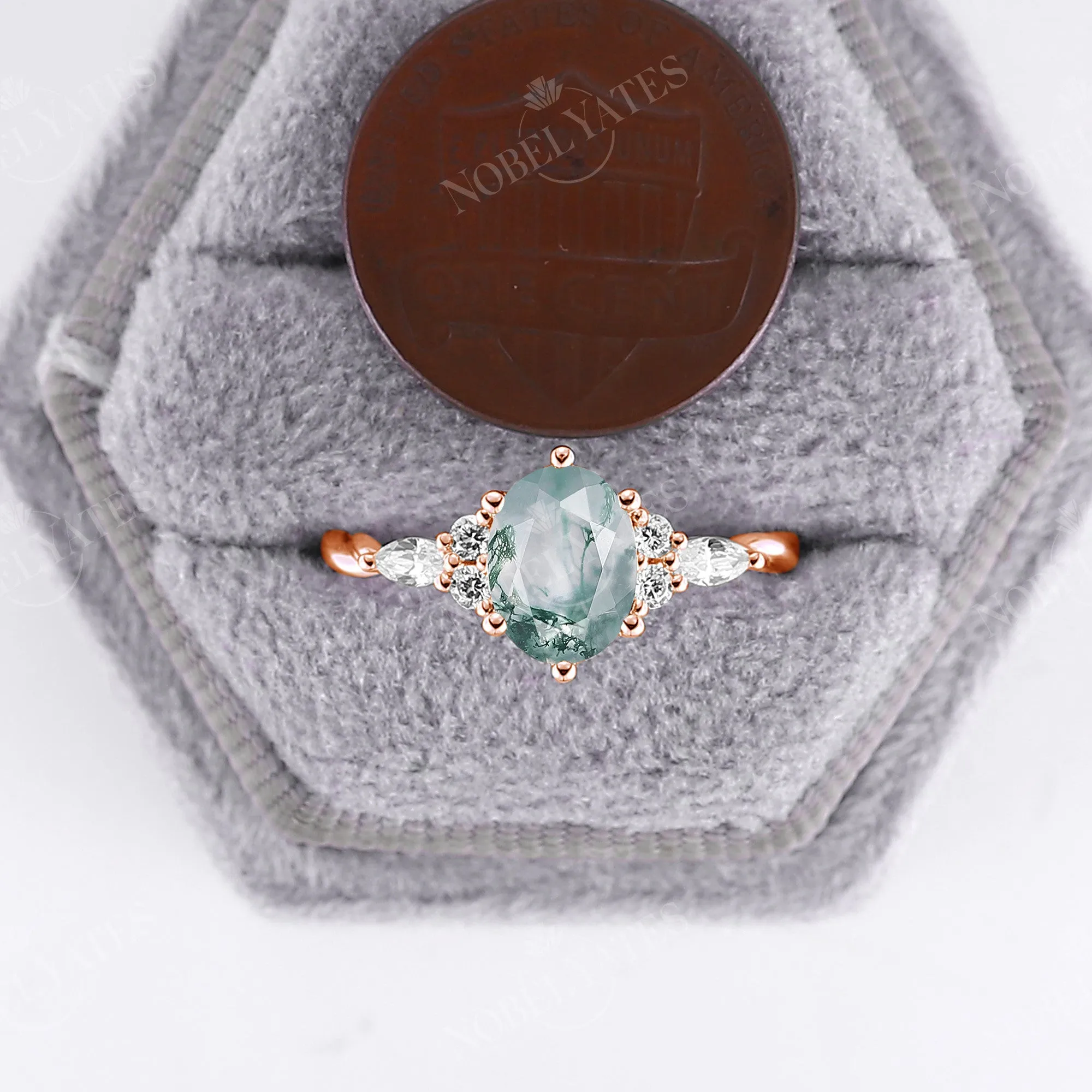 Vintage Moss Agate Oval Cluster & Twist Engagement Ring Rose Gold