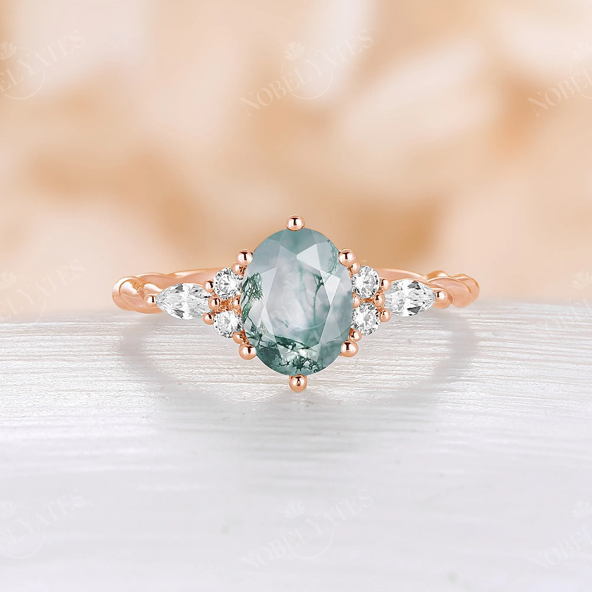 Vintage Moss Agate Oval Cluster & Twist Engagement Ring Rose Gold