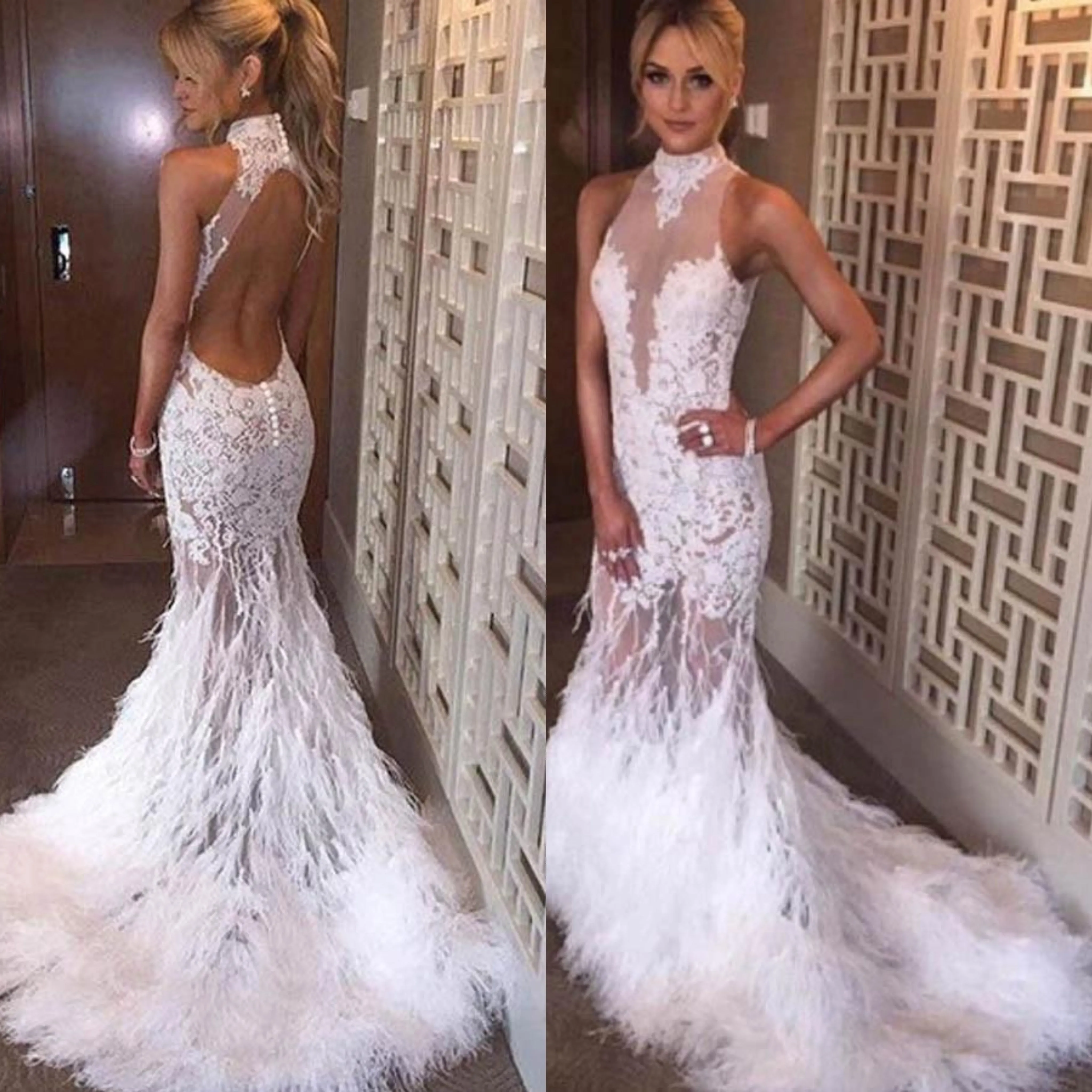 White Halter Sleeveless Mermaid/Trumoet Court Train Open Back Prom Dresses